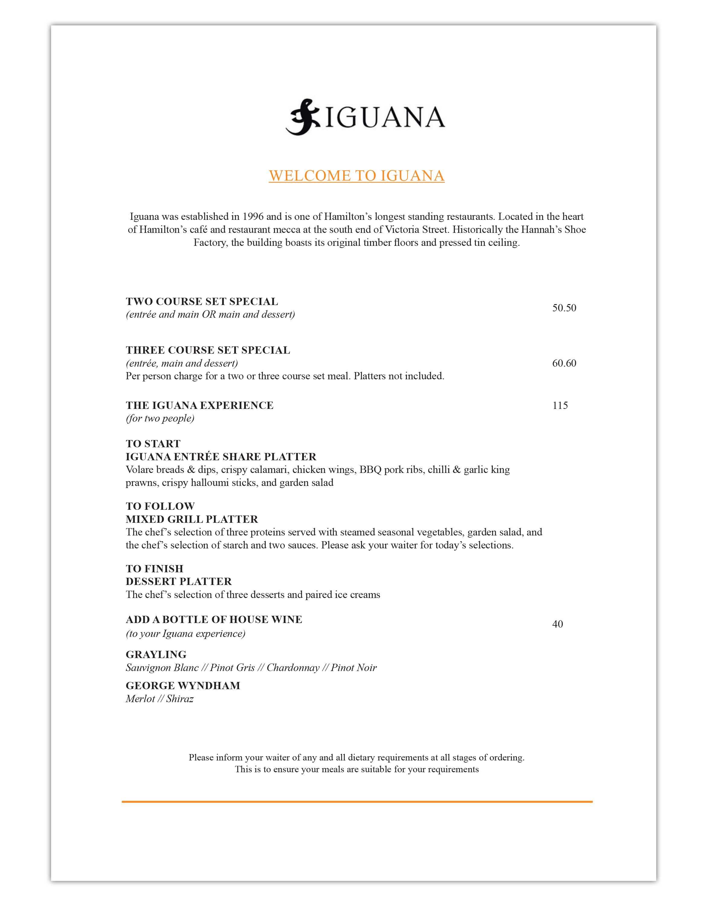 Iguana Street Bar & Restaurant Dinner Menu Specials