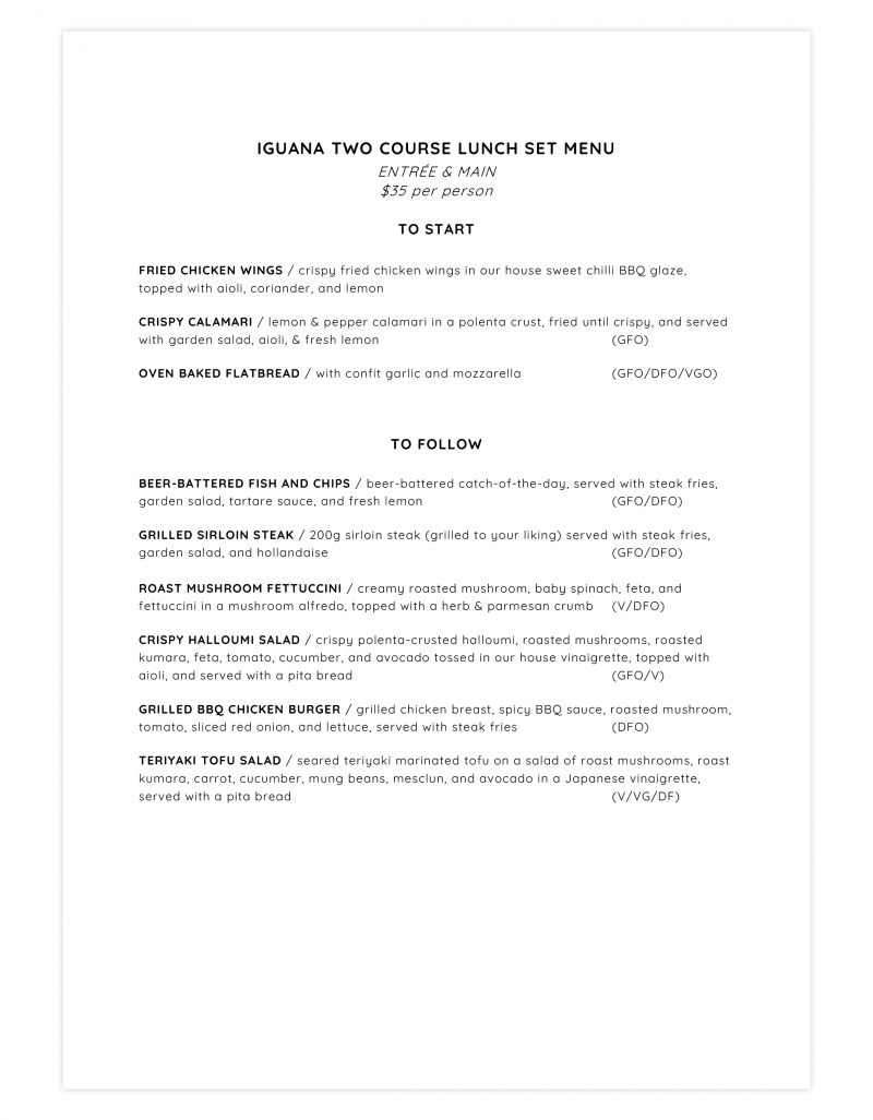 Set Menus for Groups Iguana Street Bar & Restaurant