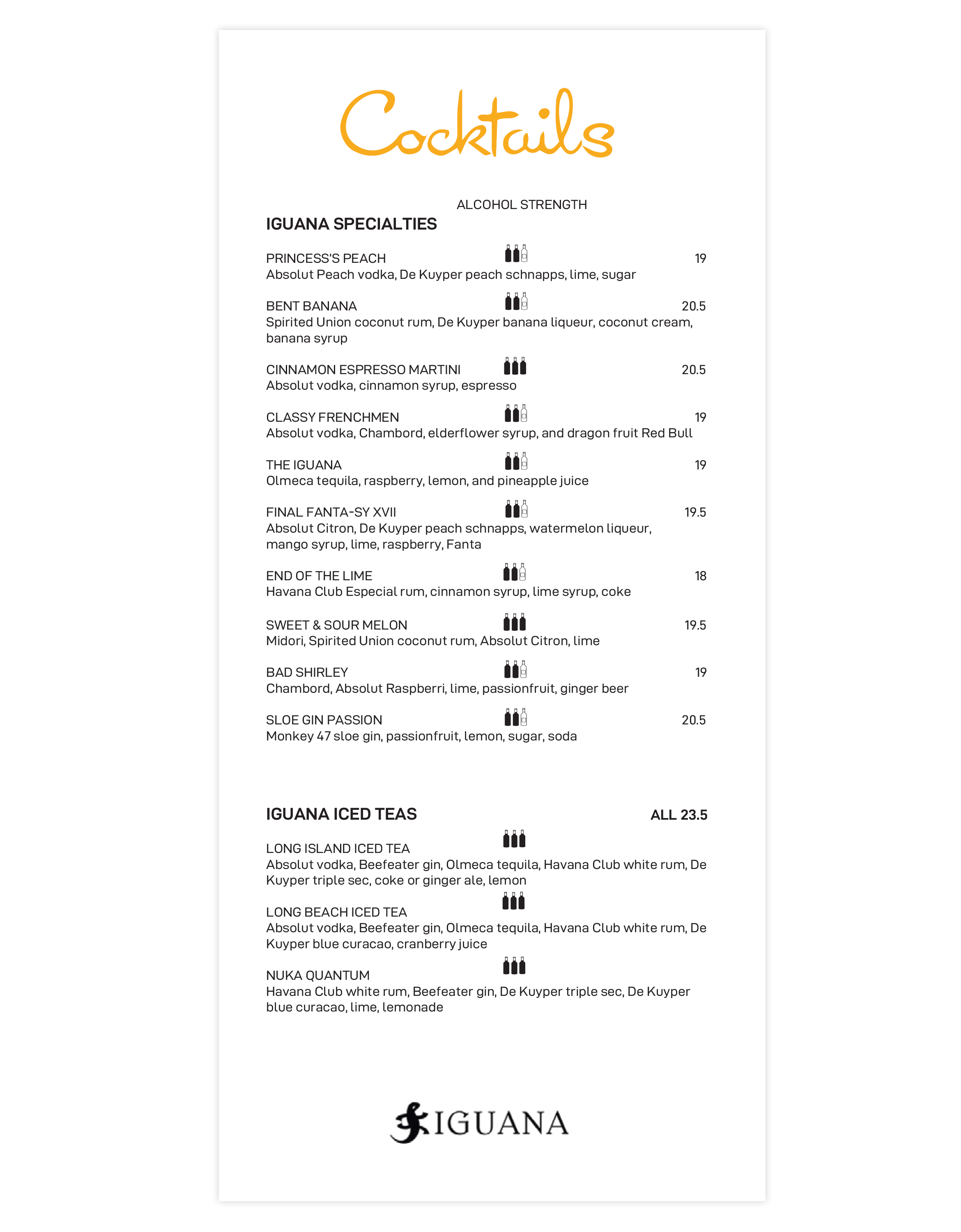 Iguana Drinks List – Cocktails