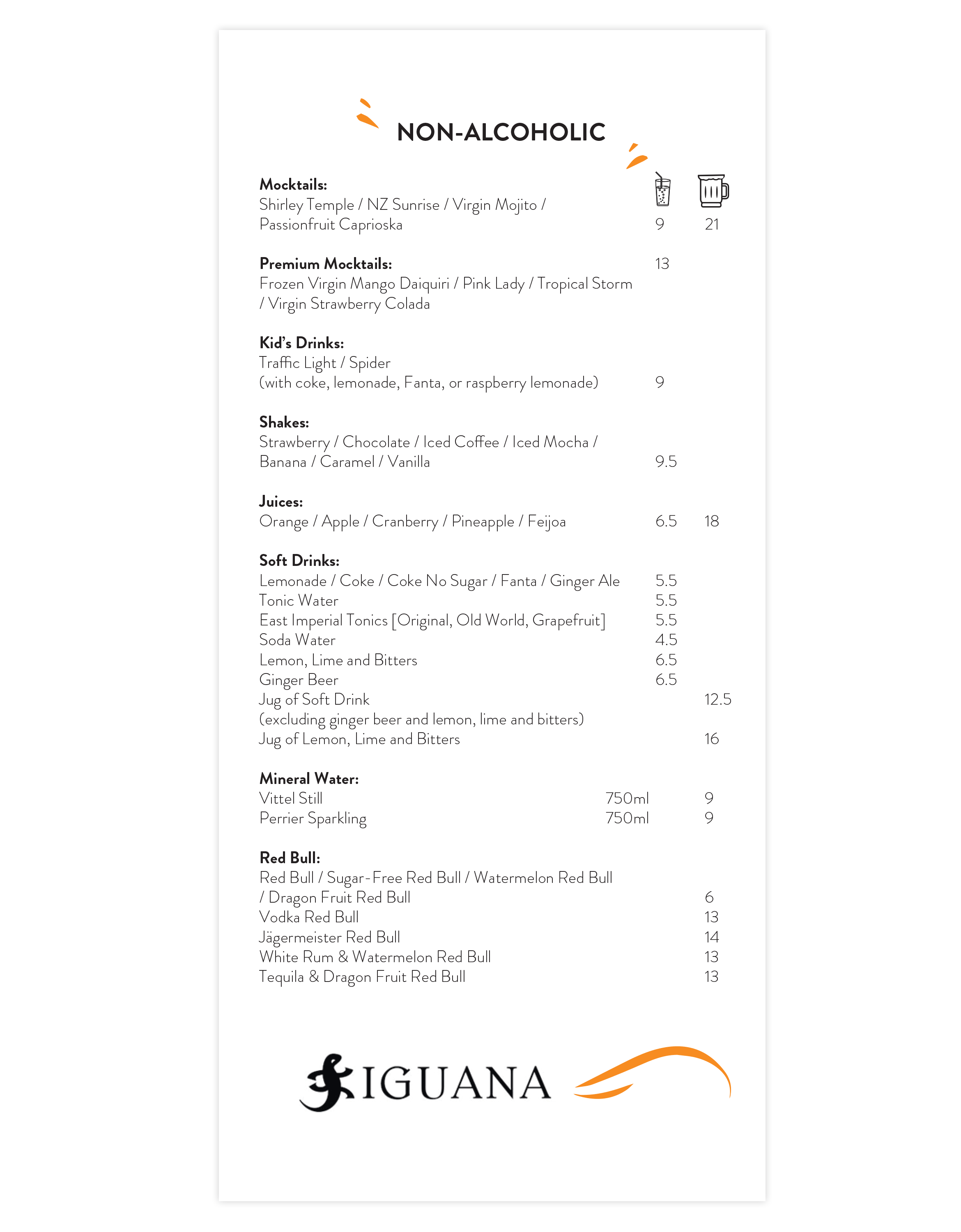 Iguana Drinks List – Non-alcoholic