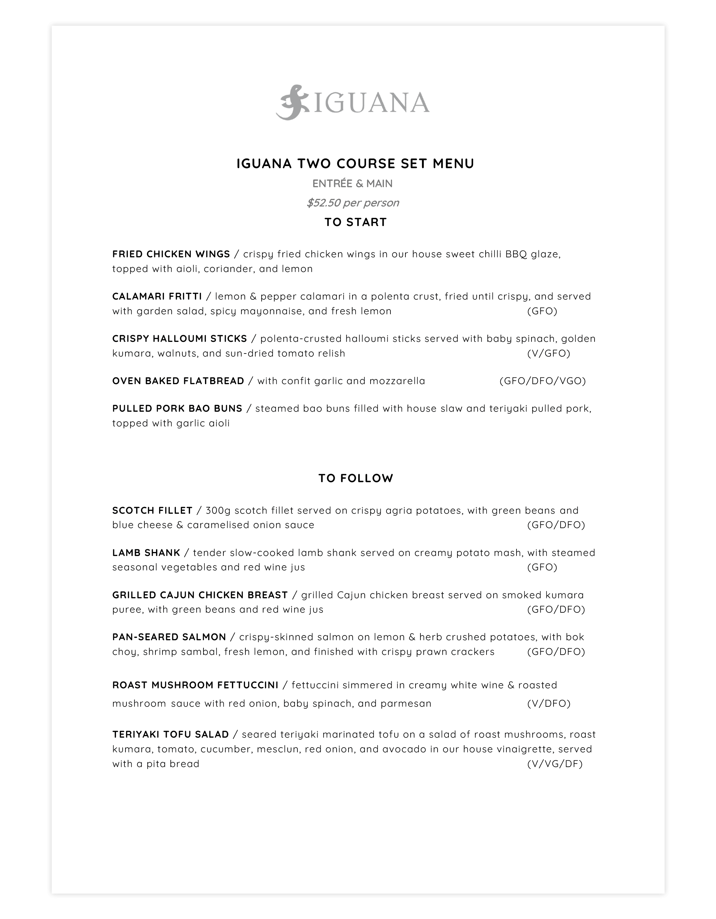 Iguana two-course set dinner menu for groups of 20+