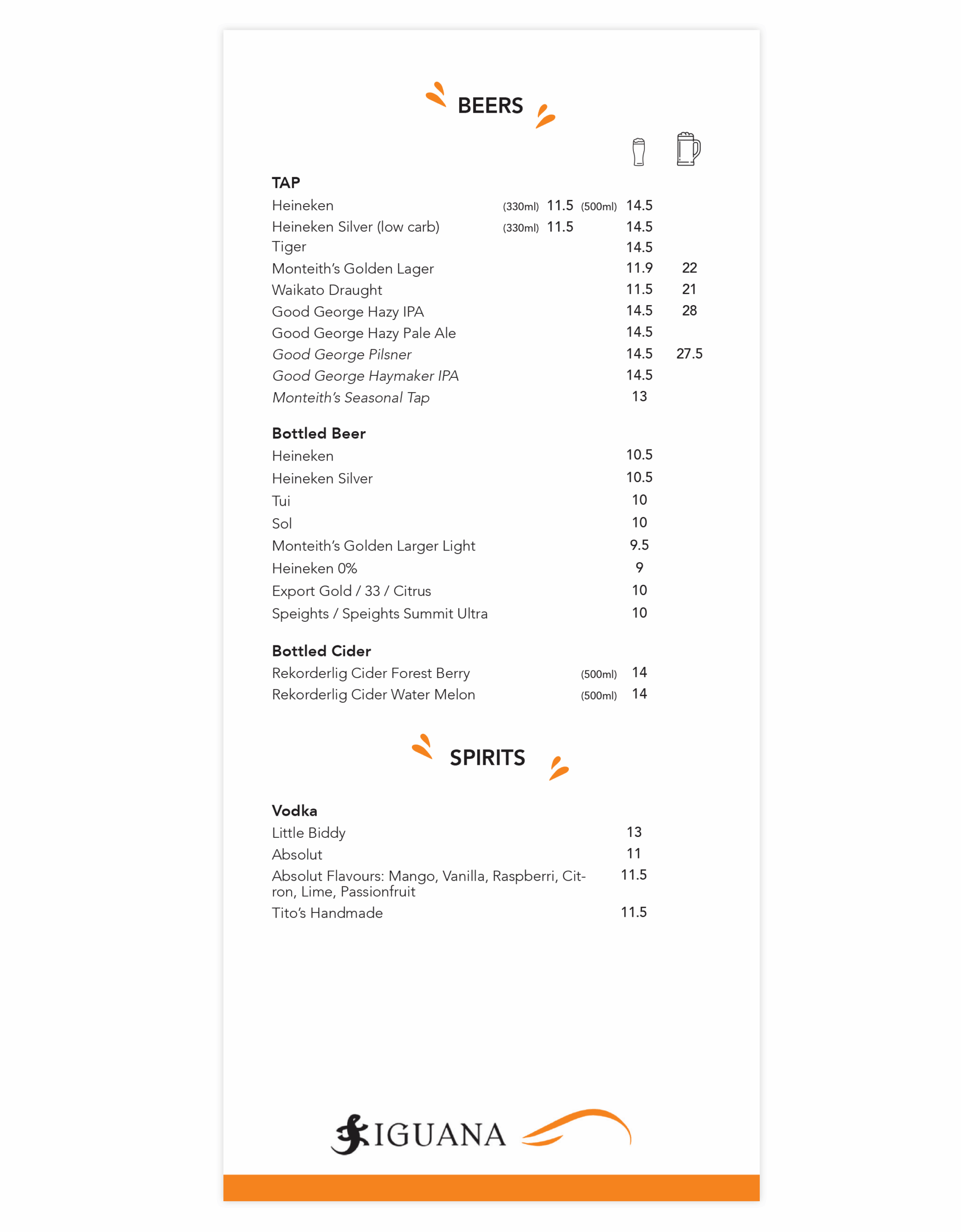 Iguana Drinks List – Beers