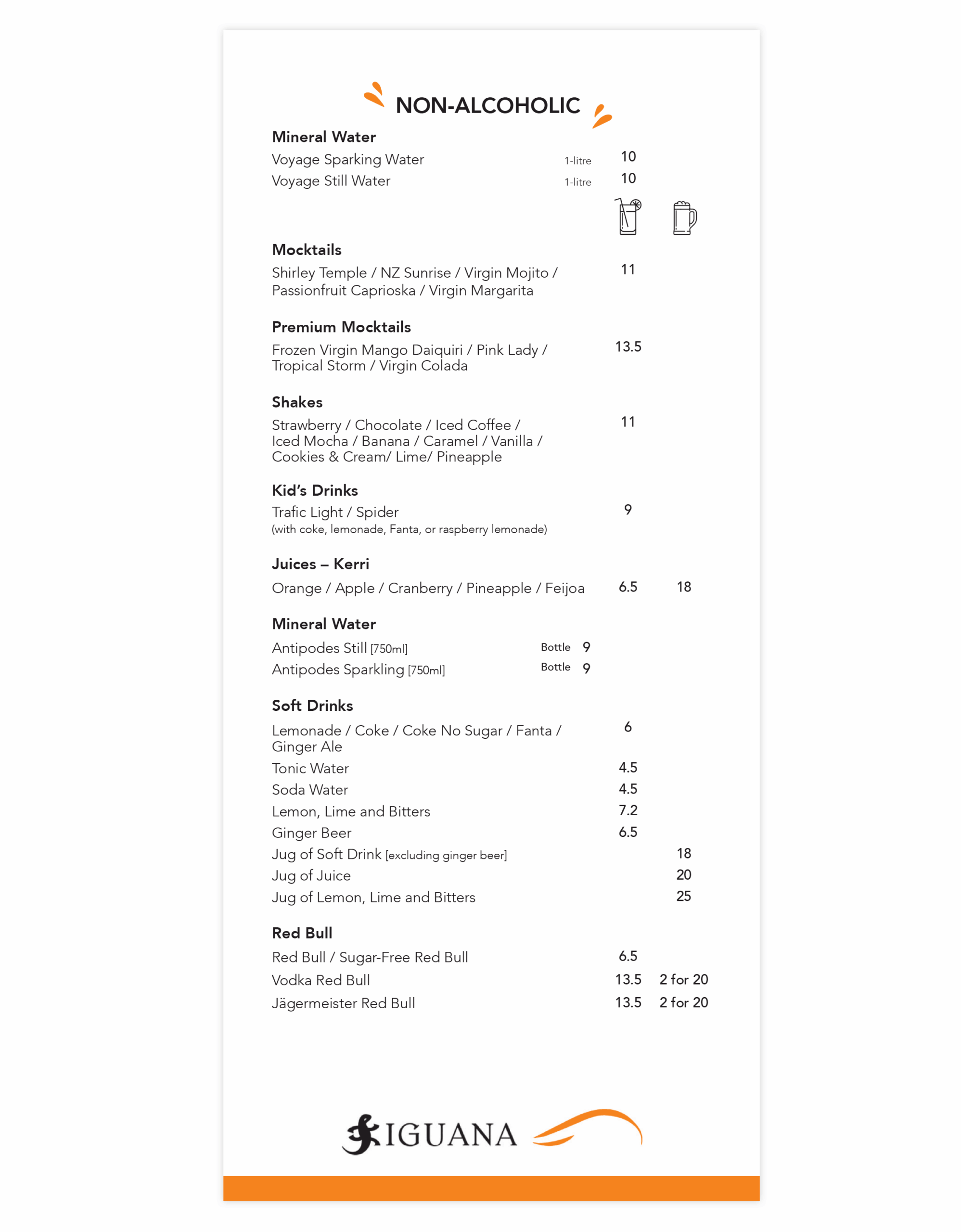 Iguana Drinks List – Non-Alcoholic