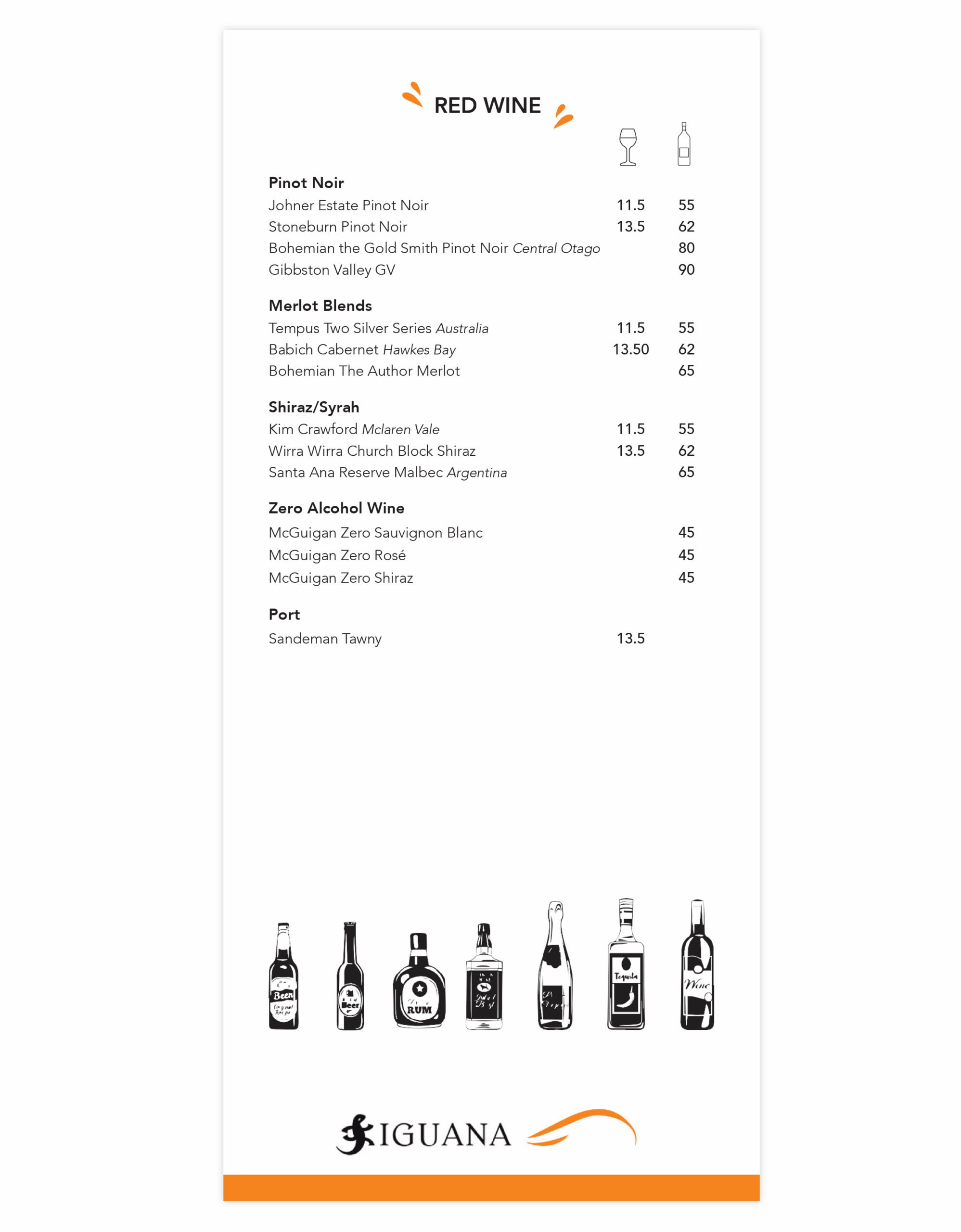 Iguana Drinks List – Red Wine