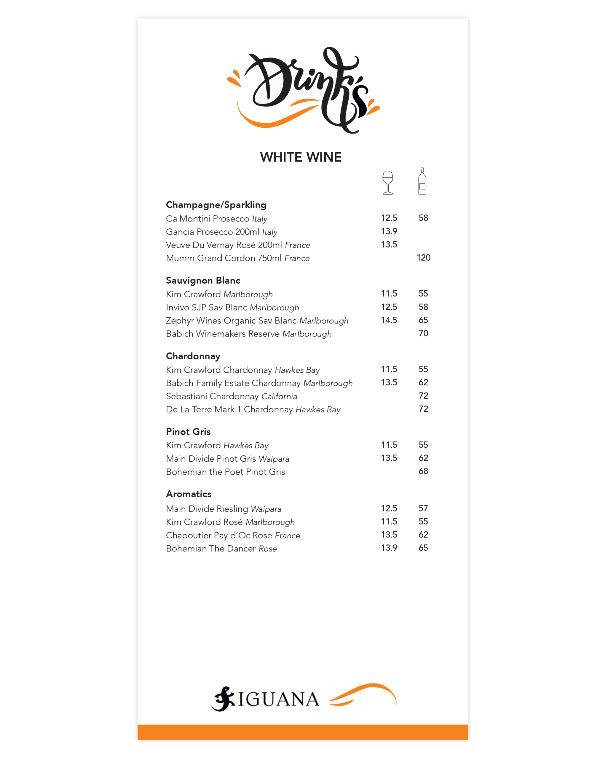 Iguana Drinks List – White Wine