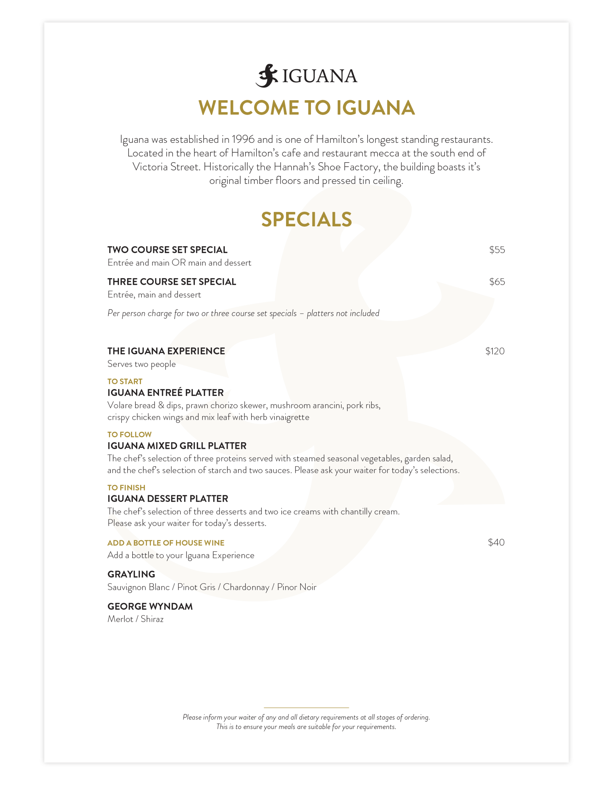Iguana Street Bar & Restaurant Dinner Menu Specials