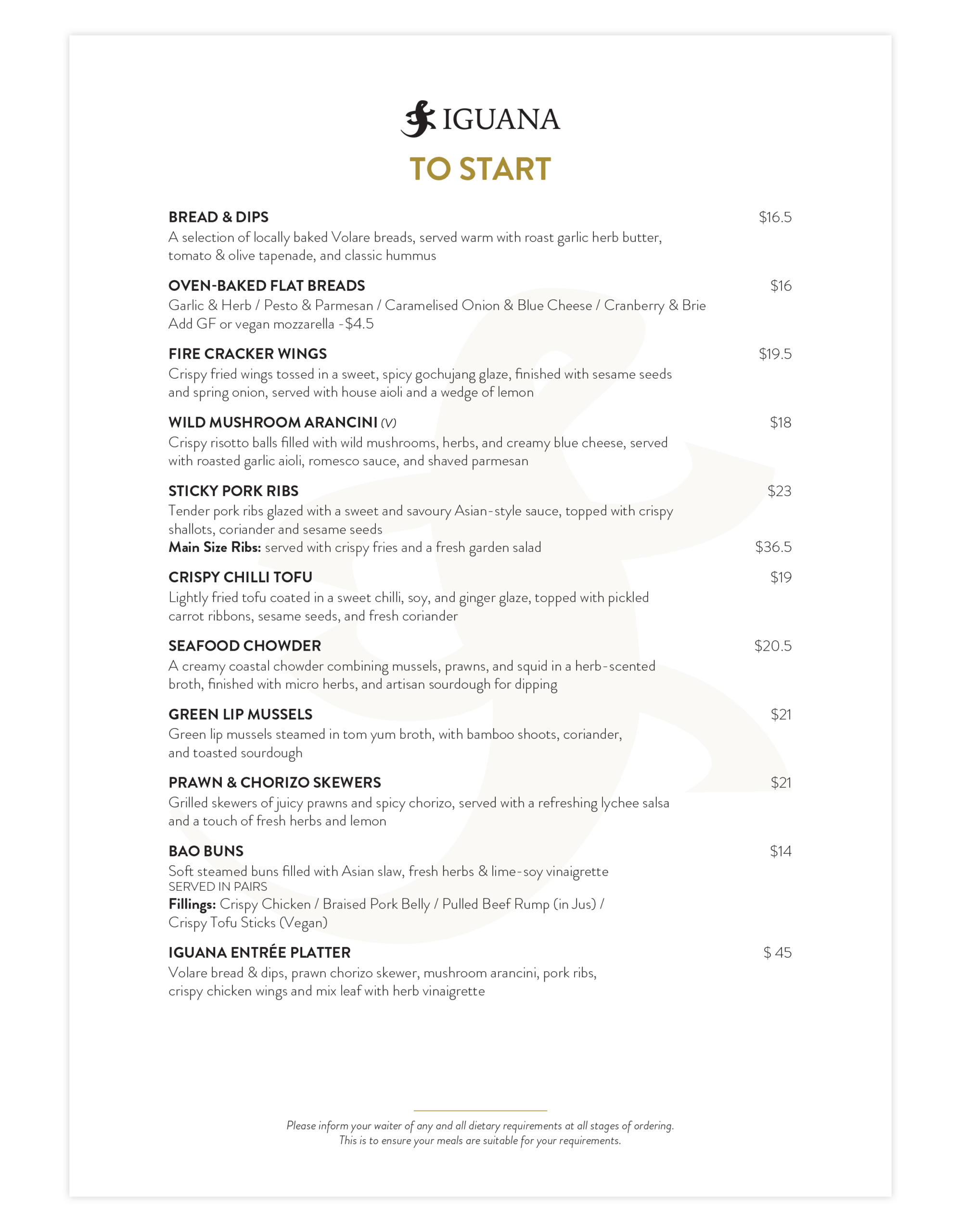 Iguana Street Bar & Restaurant Dinner Menu