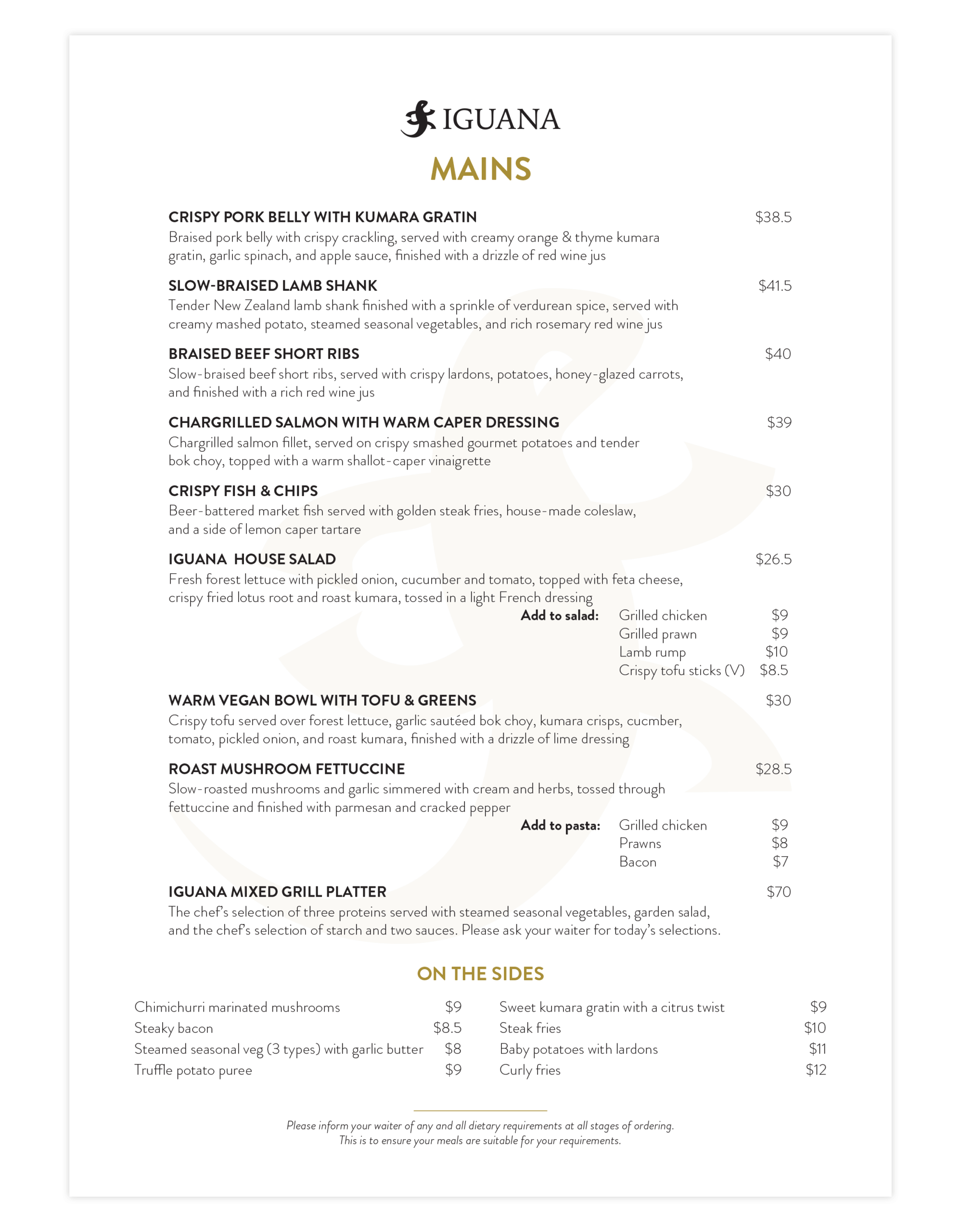 Iguana Street Bar & Restaurant Dinner Menu