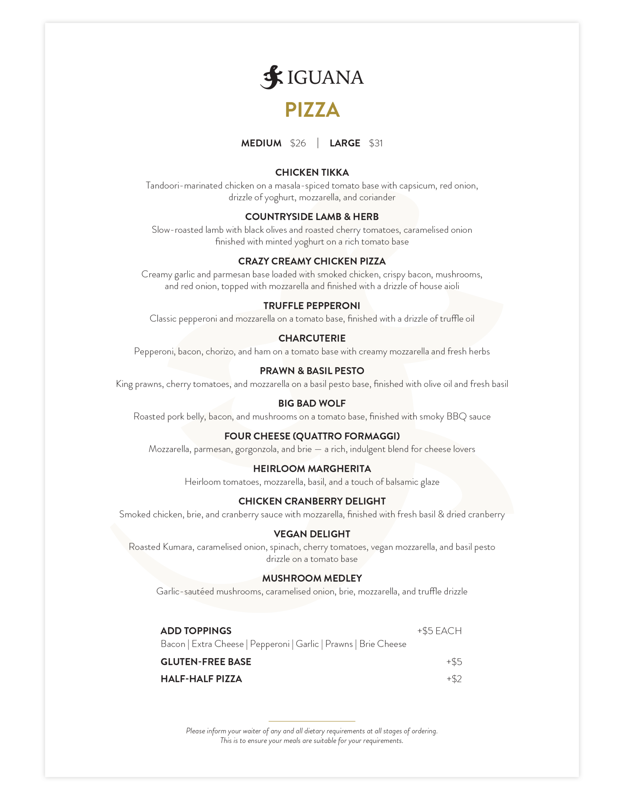 Iguana Street Bar & Restaurant Dinner Menu