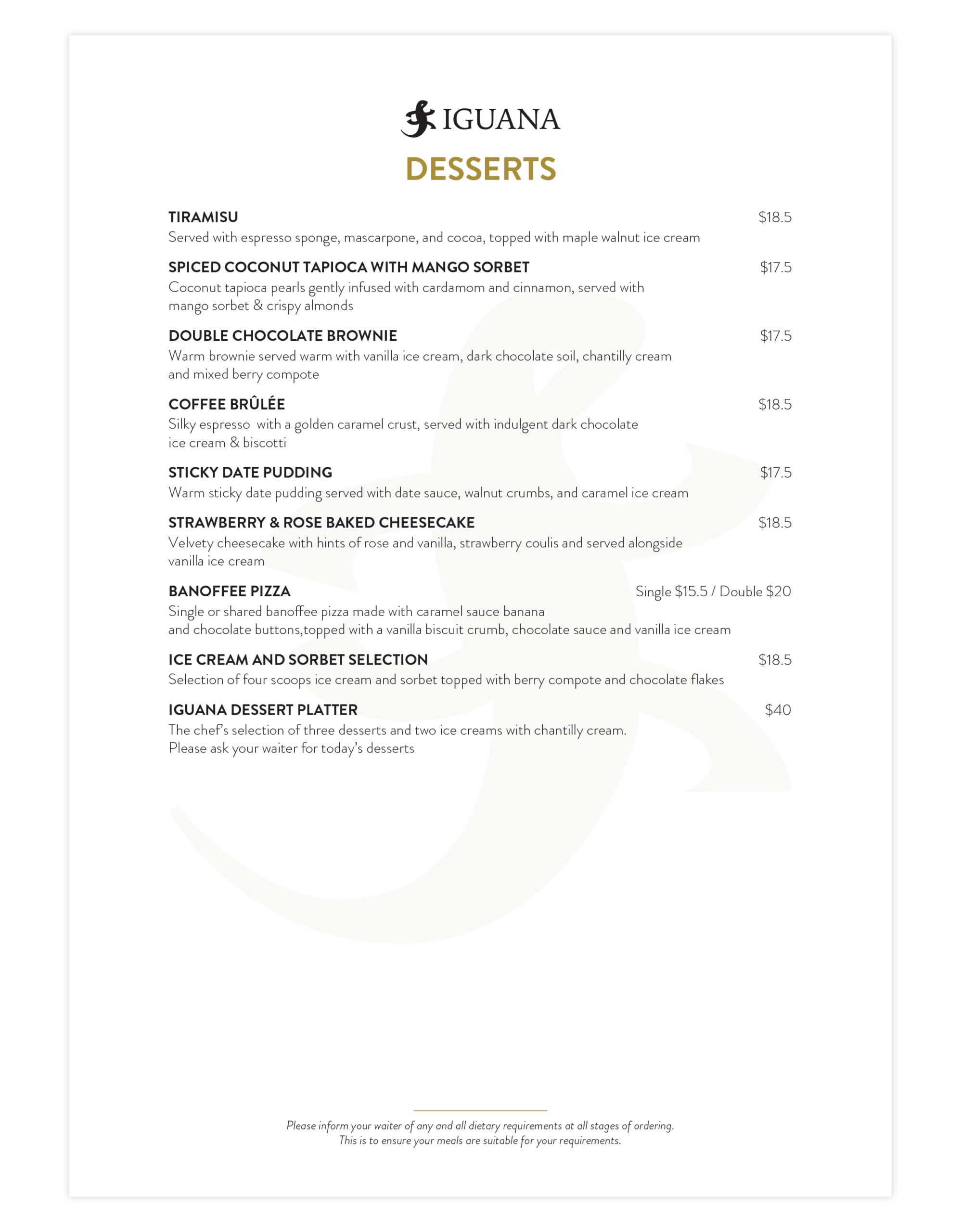 Iguana Street Bar & Restaurant Dessert Menu