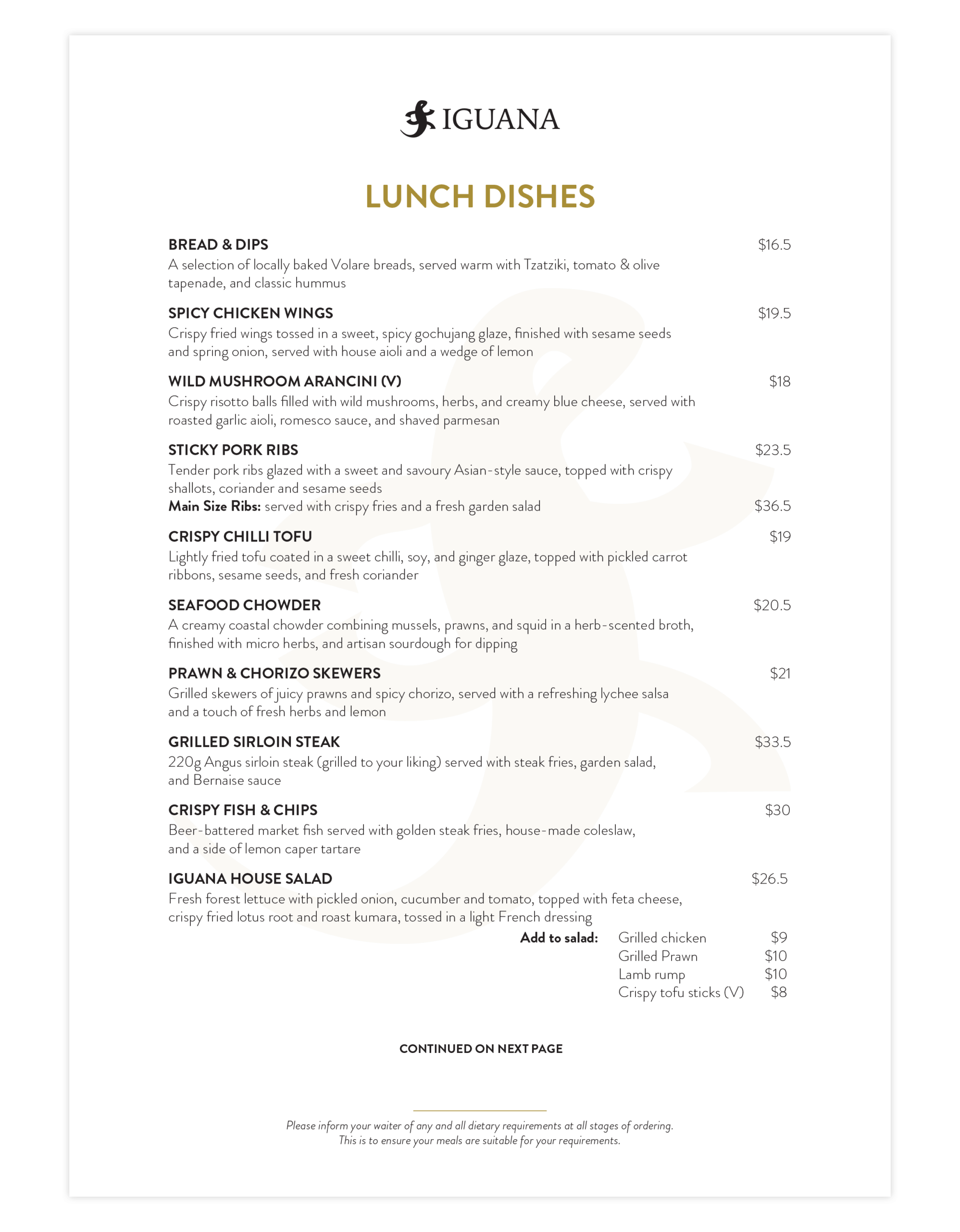 Iguana Street Bar & Restaurant Lunch Menu