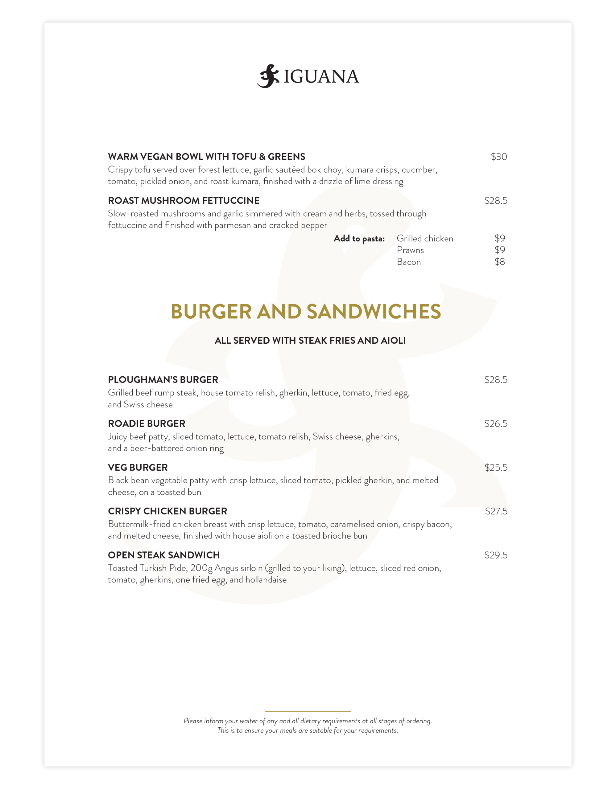 Iguana Street Bar & Restaurant Lunch Menu