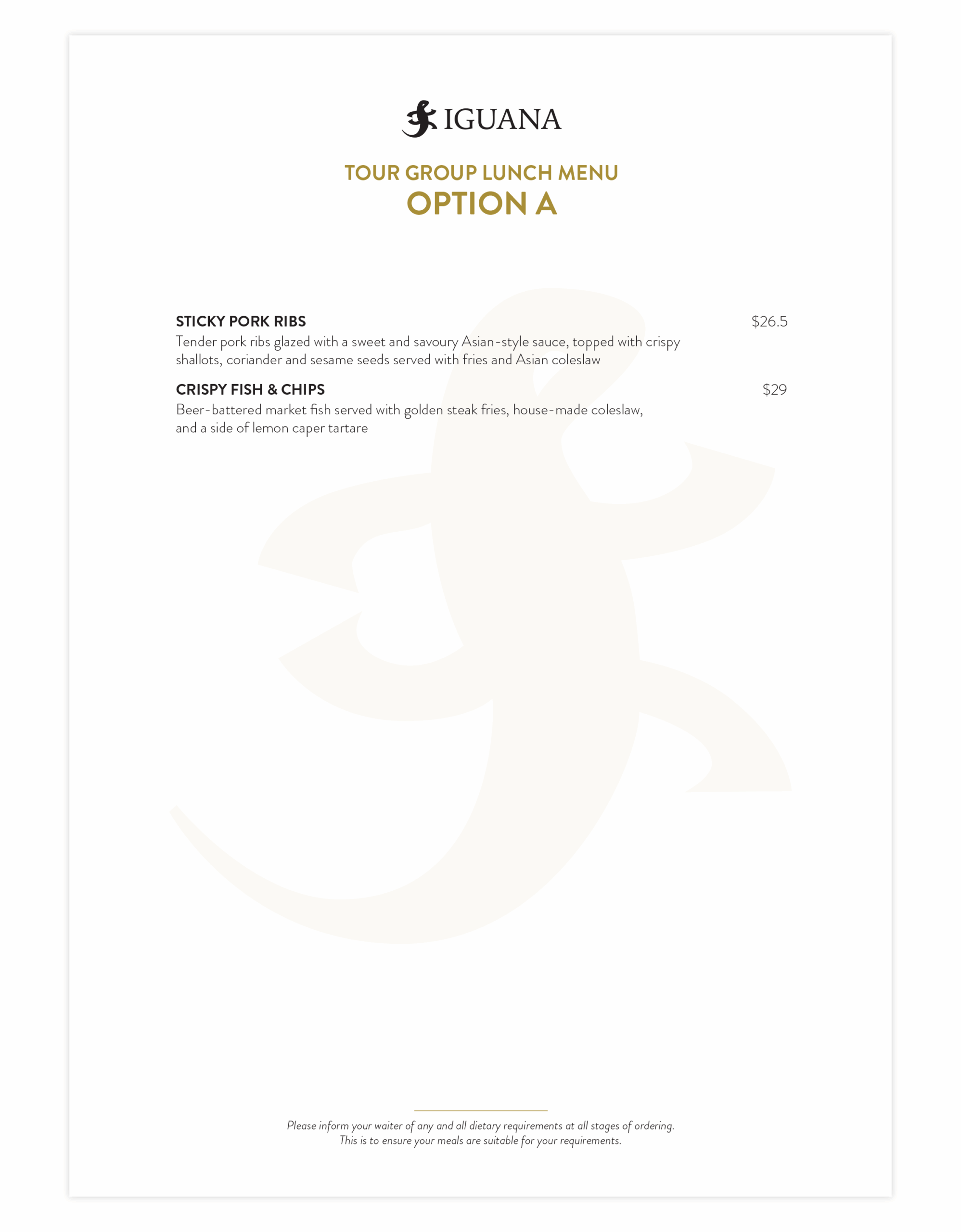 Iguana two-course set lunch menu for groups of 20+