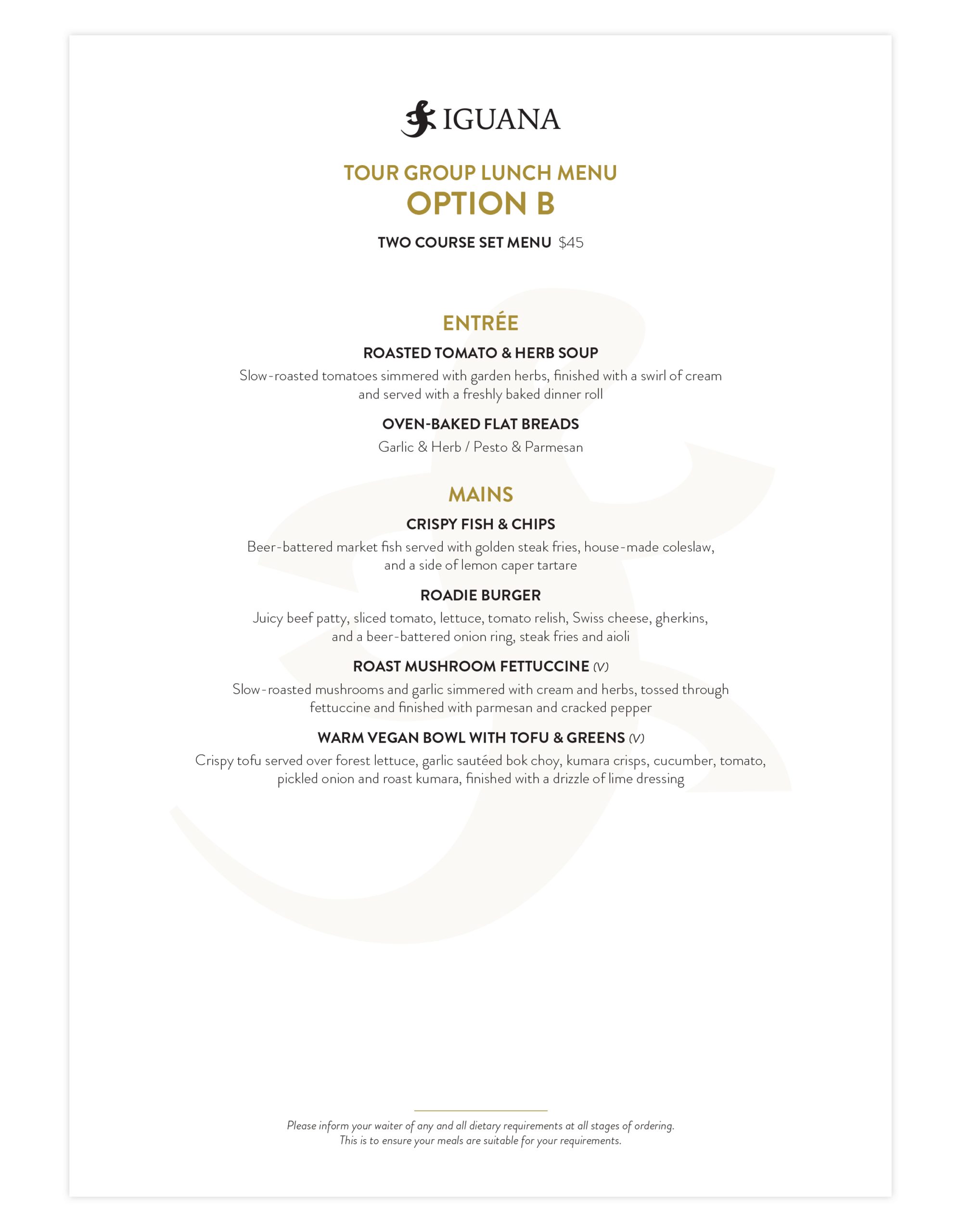 Iguana two-course set lunch menu for groups of 20+