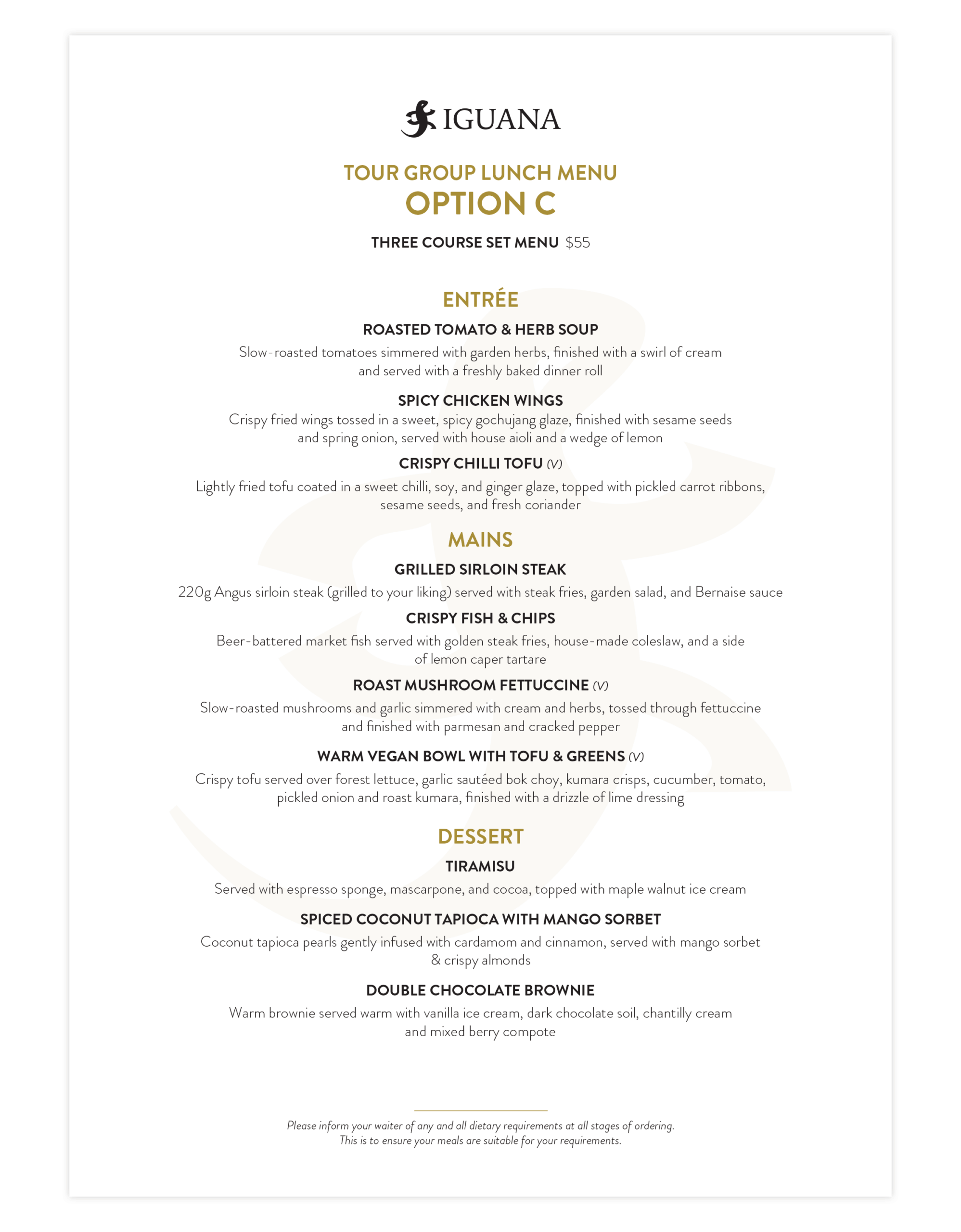 Iguana two-course set lunch menu for groups of 20+