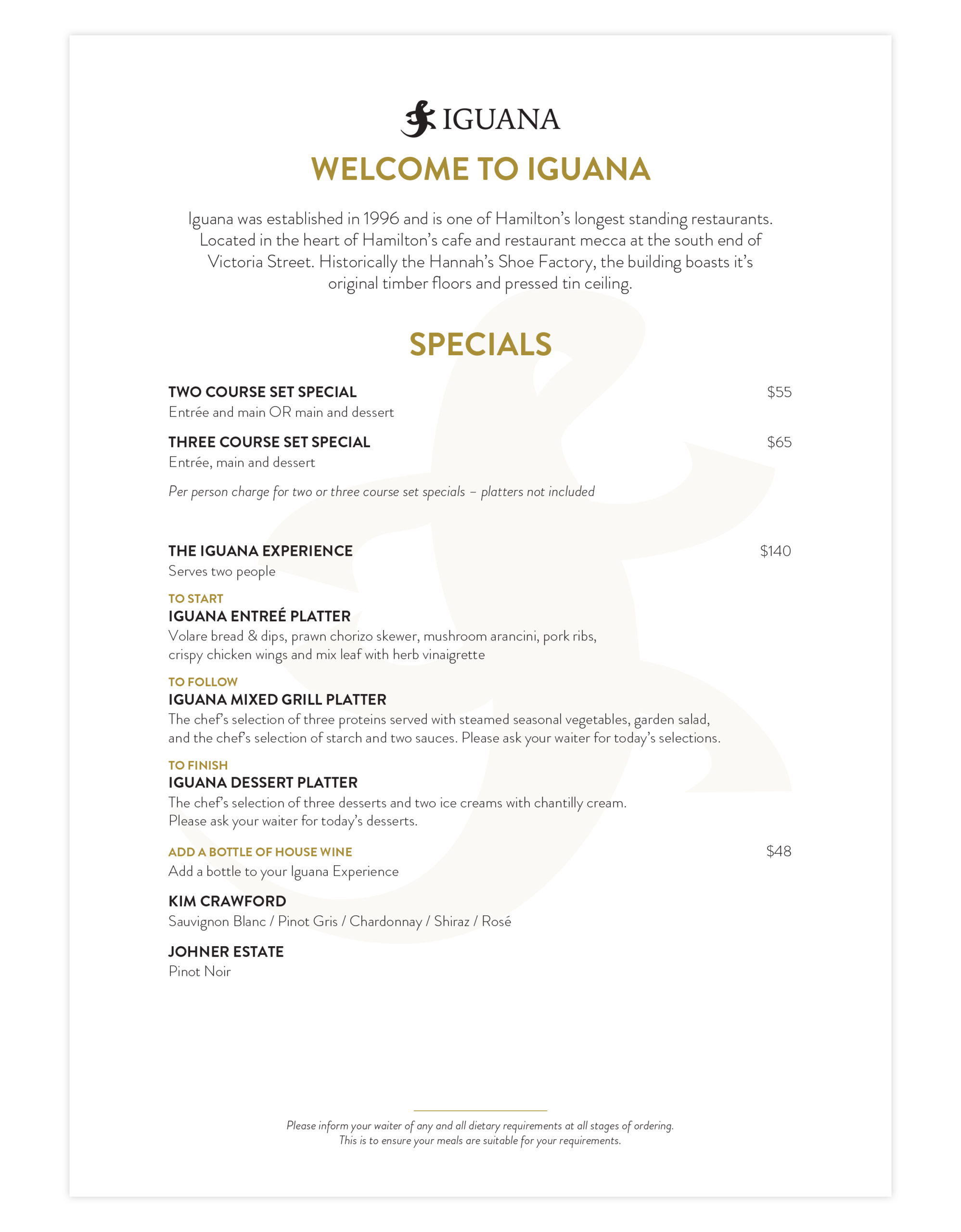Iguana Street Bar & Restaurant Dinner Menu Specials