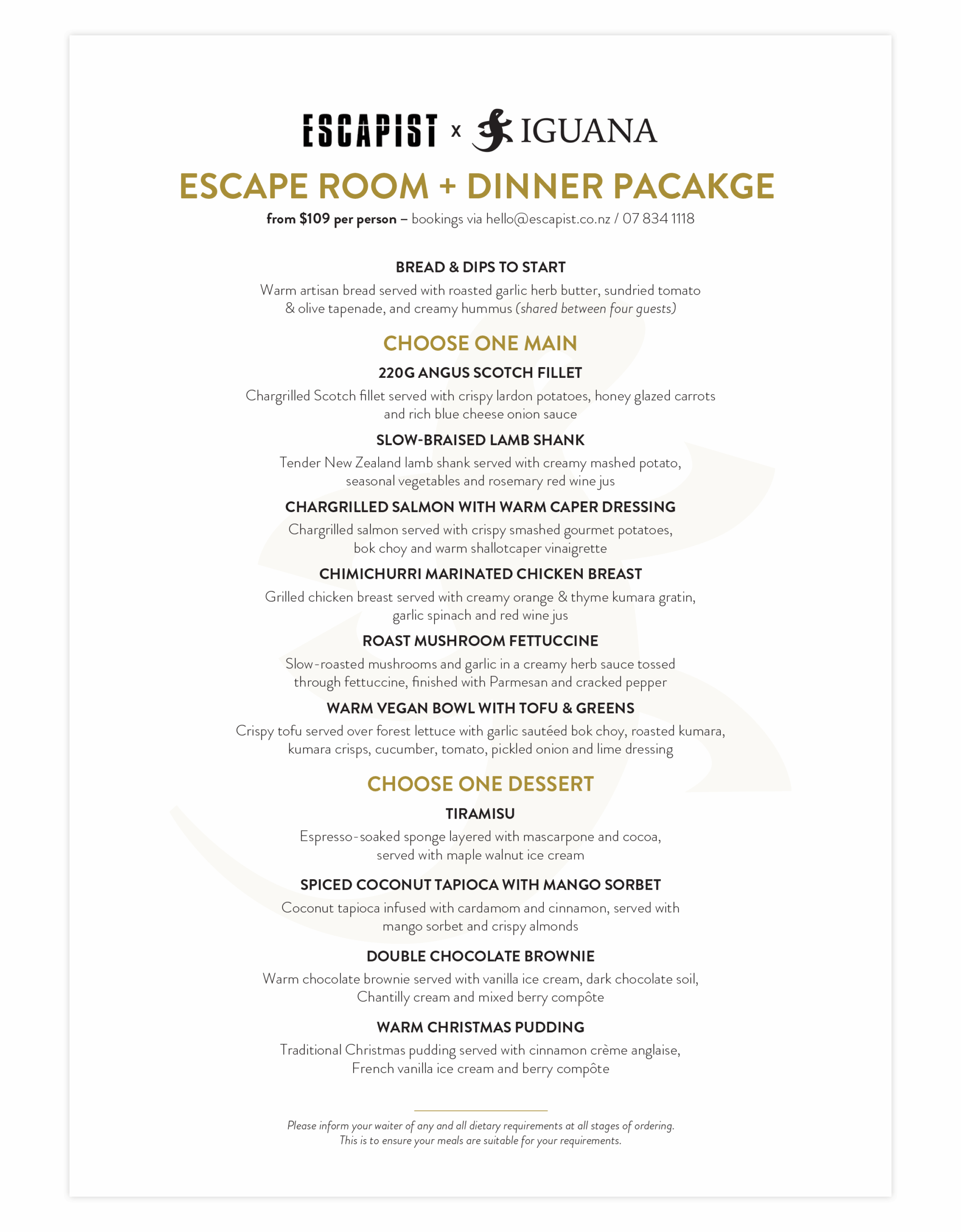 Iguana two-course set lunch menu for groups of 20+