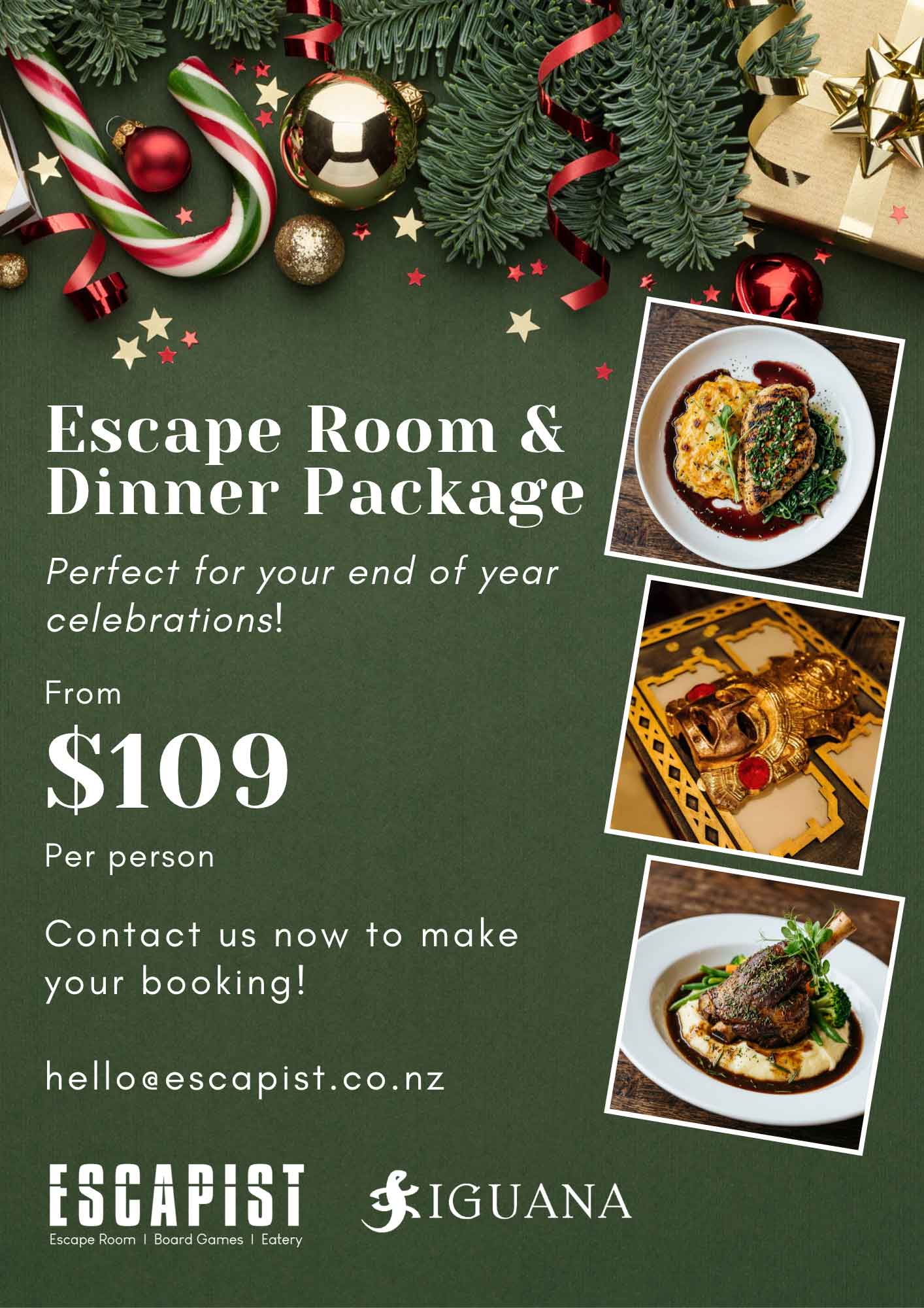 Christmas Escape Room + Dinner Package Iguana two-course set lunch menu for groups of 20+